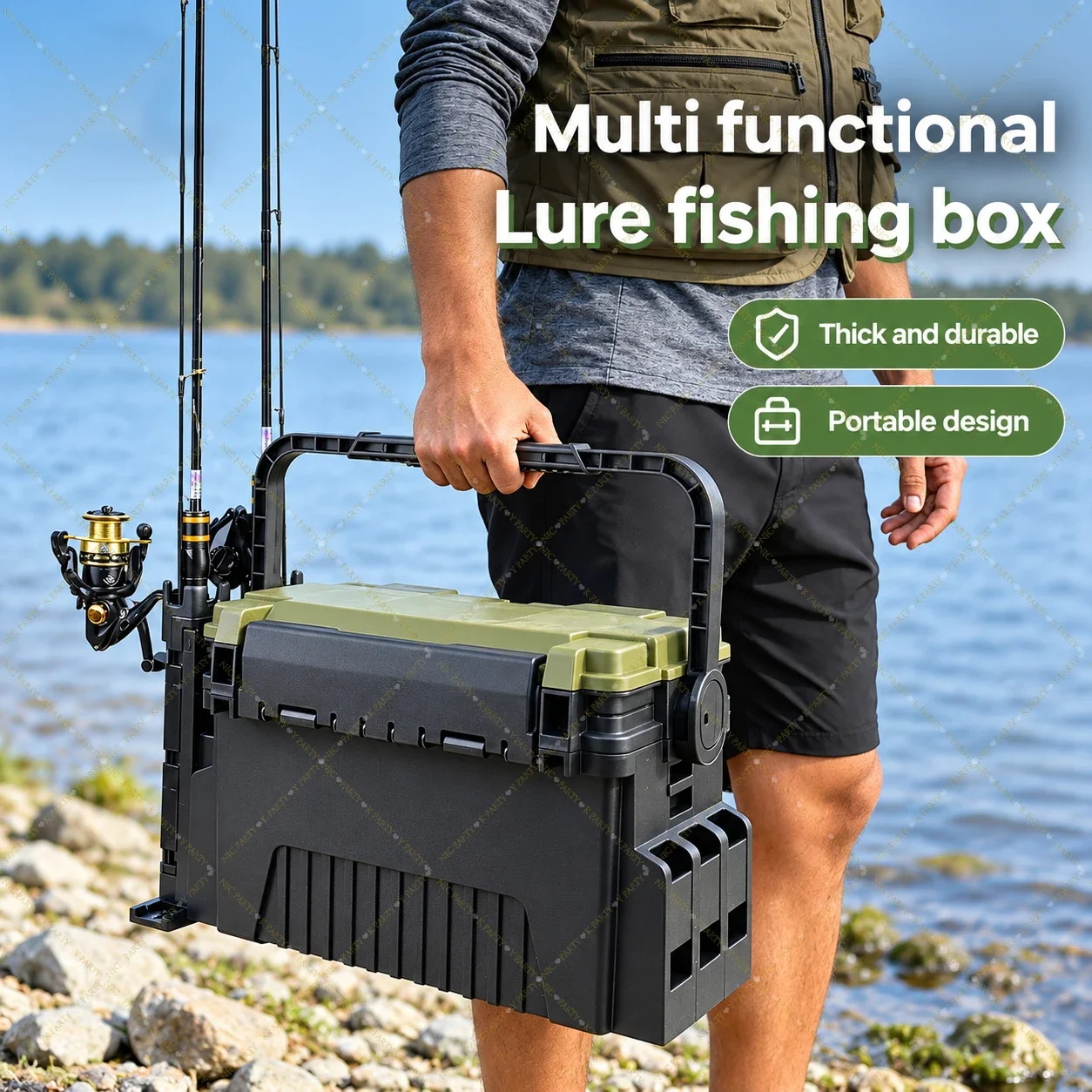 Fishing Kayak Crate - กล่องอุปกรณ์ตกปลาขนาดใหญ่ ความจุสูง แบบสองชั้น พร้อมที่เก็บเหยื่อและที่วางคันเบ็ด แข็งแรงทนทาน พกพาสะดวก